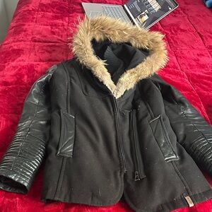 RUDSAK Black Coat with Tan Faux Fur Trim